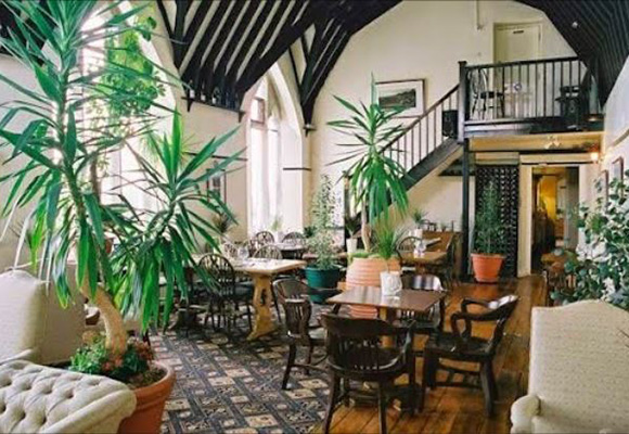 inviting interior of a restaurant featuring wooden furniture plants and large windows highlighting a cozy atmosphere for dining and socializing in beautiful space number 17